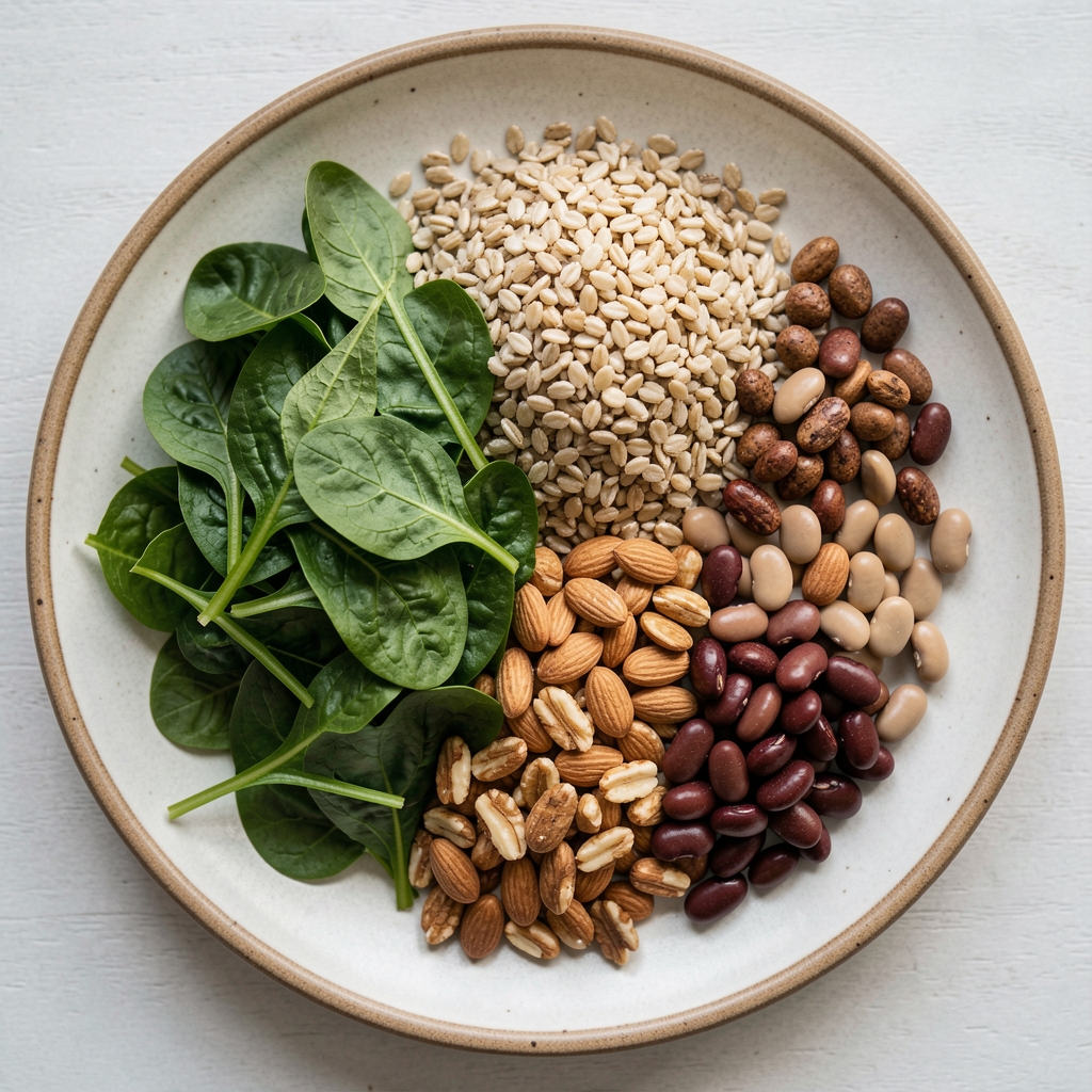 Overhead view of an organised healthy meal with leafy greens, grains, and legumes on a ceramic plate, natural daylight photography