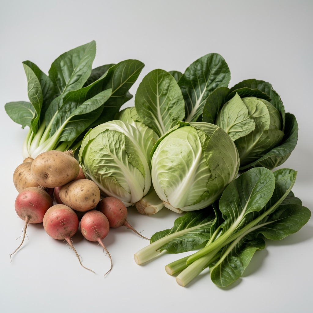 Seasonal vegetables spread out for composition photography, including root vegetables, brassicas and leafy greens on a light background