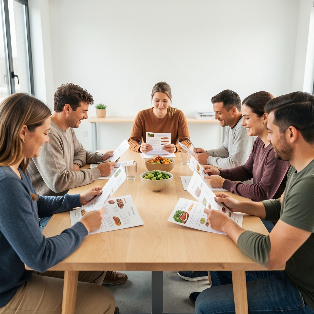 Group nutrition workshop session with participants reviewing printed food composition guides at a communal table in a bright studio space