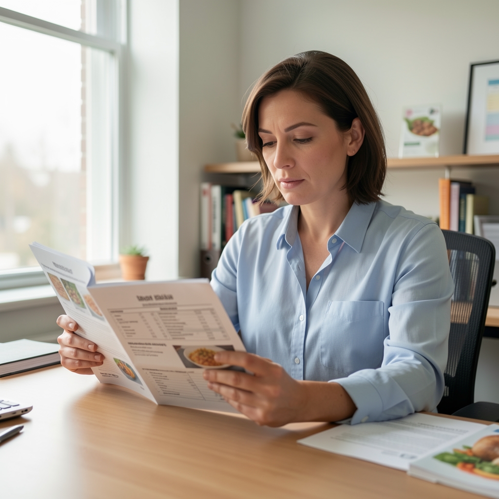 Experienced nutrition professional at a desk reviewing food reference materials with a focused expression, office environment with natural daylight